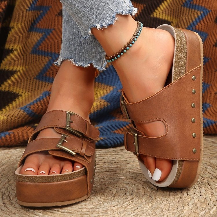Plateau Leder Zehensteg-Sandalen