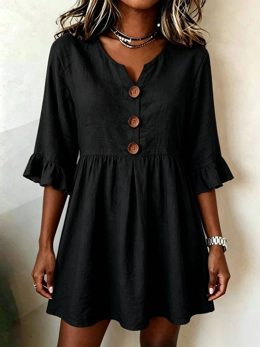 V-Ausschnitt Baumwoll-Leinen Midi-Kleid – Bild 10 | LuxeStyle