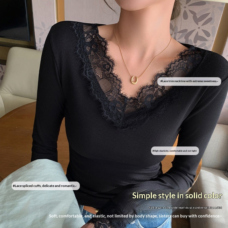 Spitzenbesetztes V-Neck Shirt mit Sheer-Look