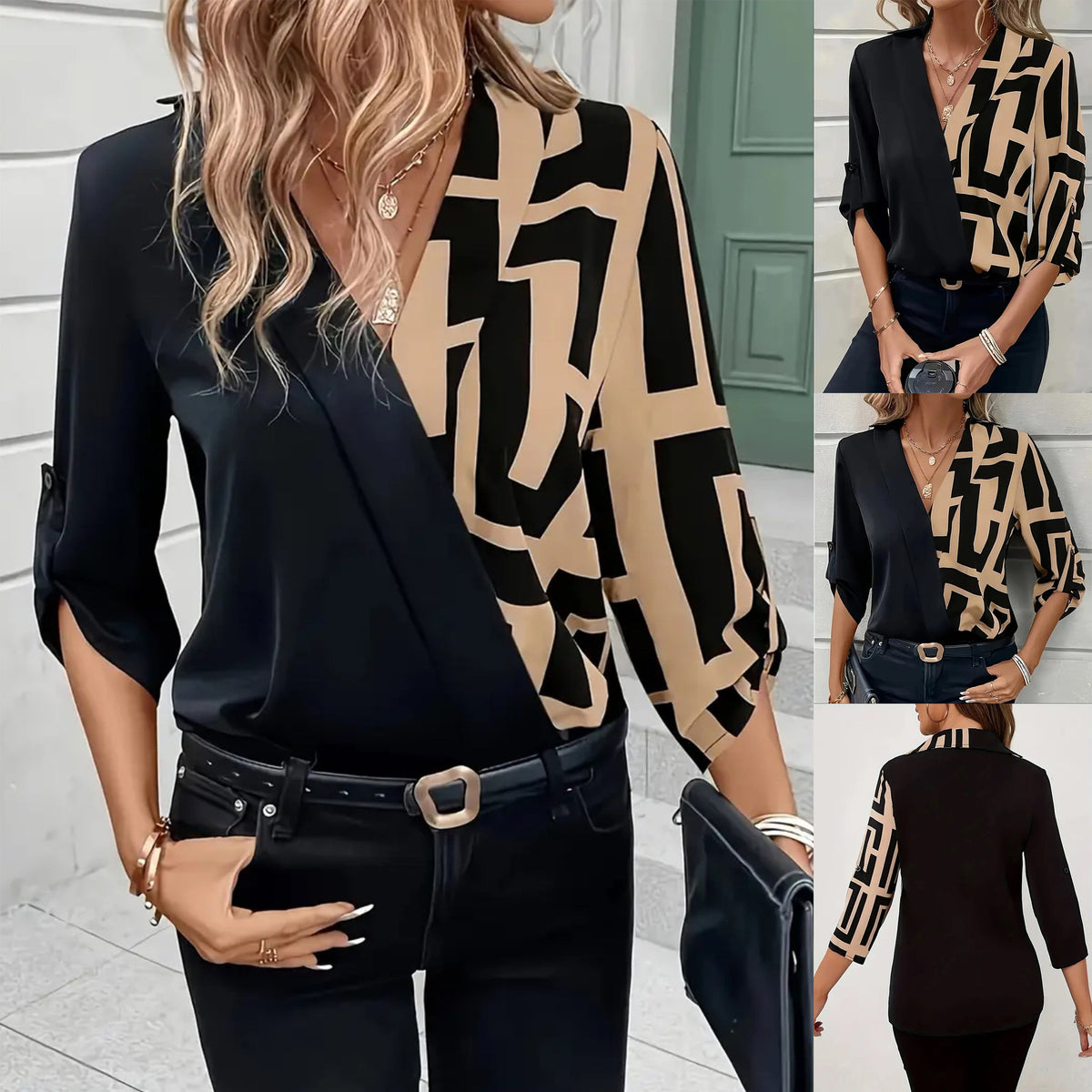 Schwarzes Casual V-Neck Shirt mit Patchwork | LuxeStyle