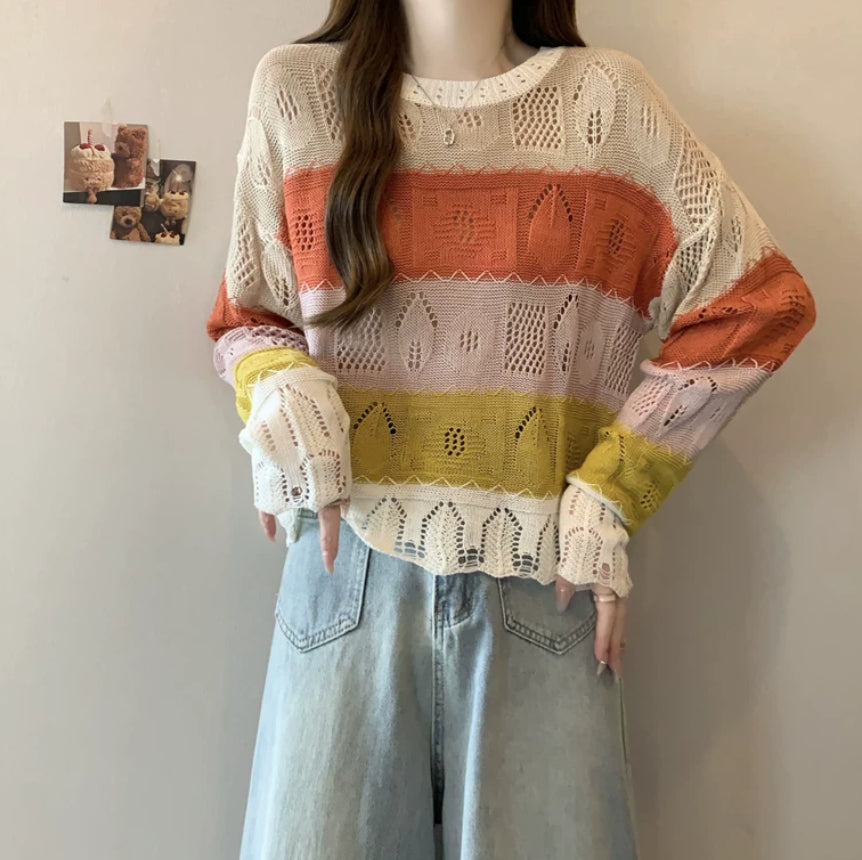 Damen Langarm Strickpullover mit bunten Streifen