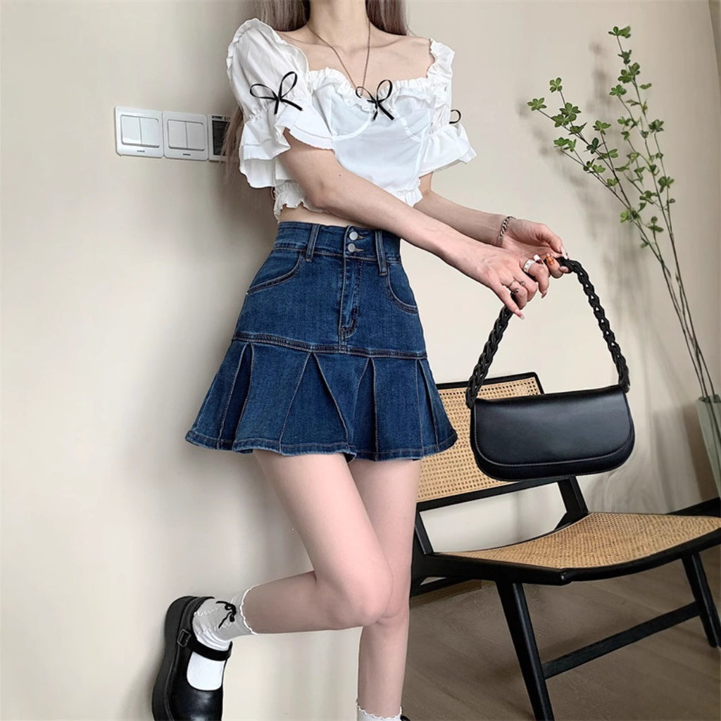 High Waist Mini-Jeansrock mit Rüschen