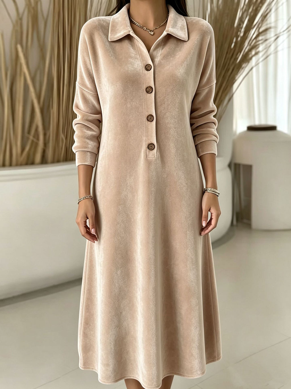 Samtkleid mit Knopfleiste und langen Ärmeln – Bild 6 | LuxeStyle