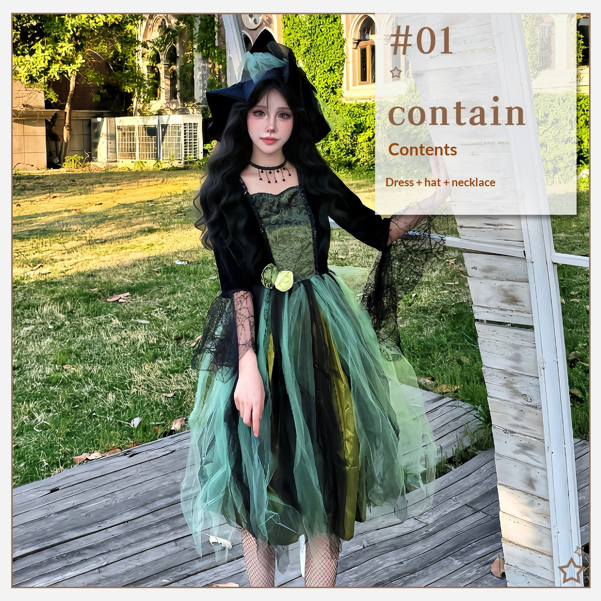 Hexenkostüm mit Kleid, Hut und Halskette – Bild 8 | LuxeStyle