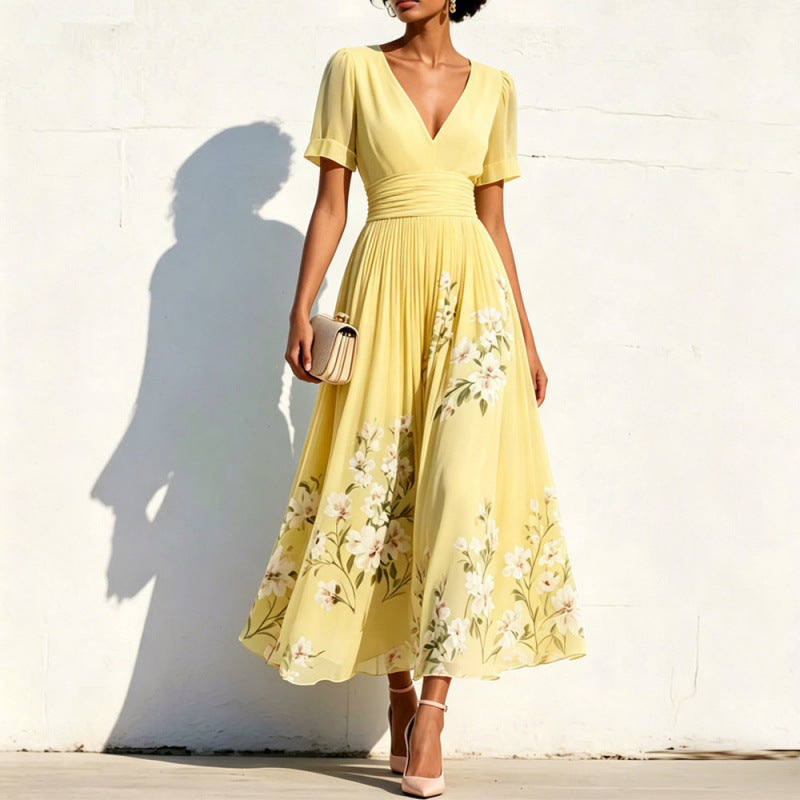 Lange Blumen-Kleid mit V-Hals