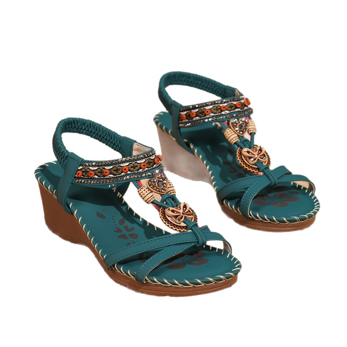 Florale Plateau-Sandalen mit Strass