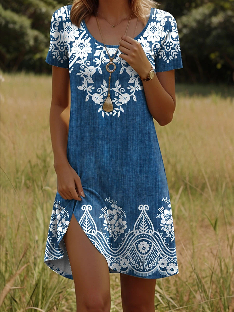 Gepunktetes Blumen Midikleid mit Rundhals | LuxeStyle