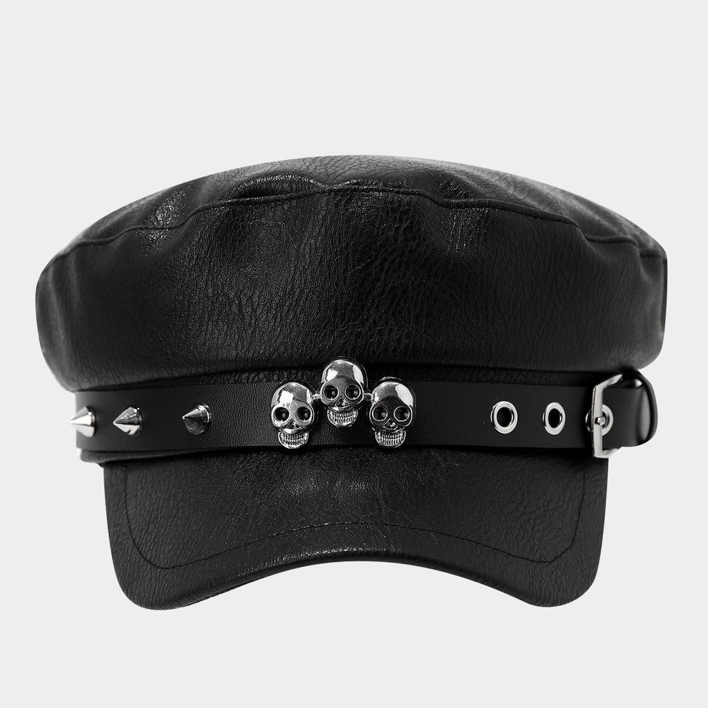 PU-Leder Newsboy Cap mit Totenkopf-Nieten