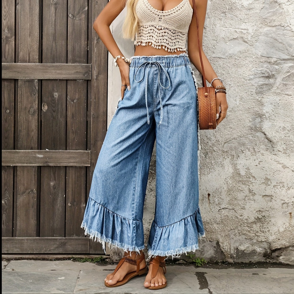 Elastische Denim Jeans mit Fransen