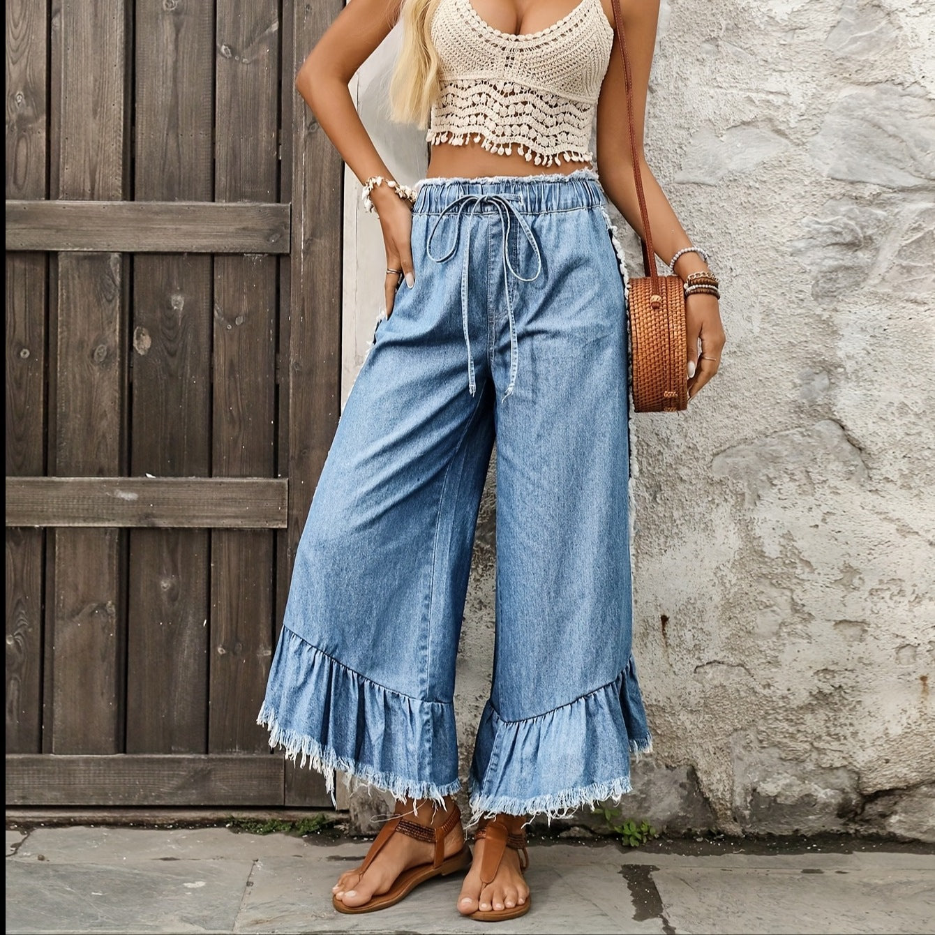 Elastische Denim Jeans mit Fransen