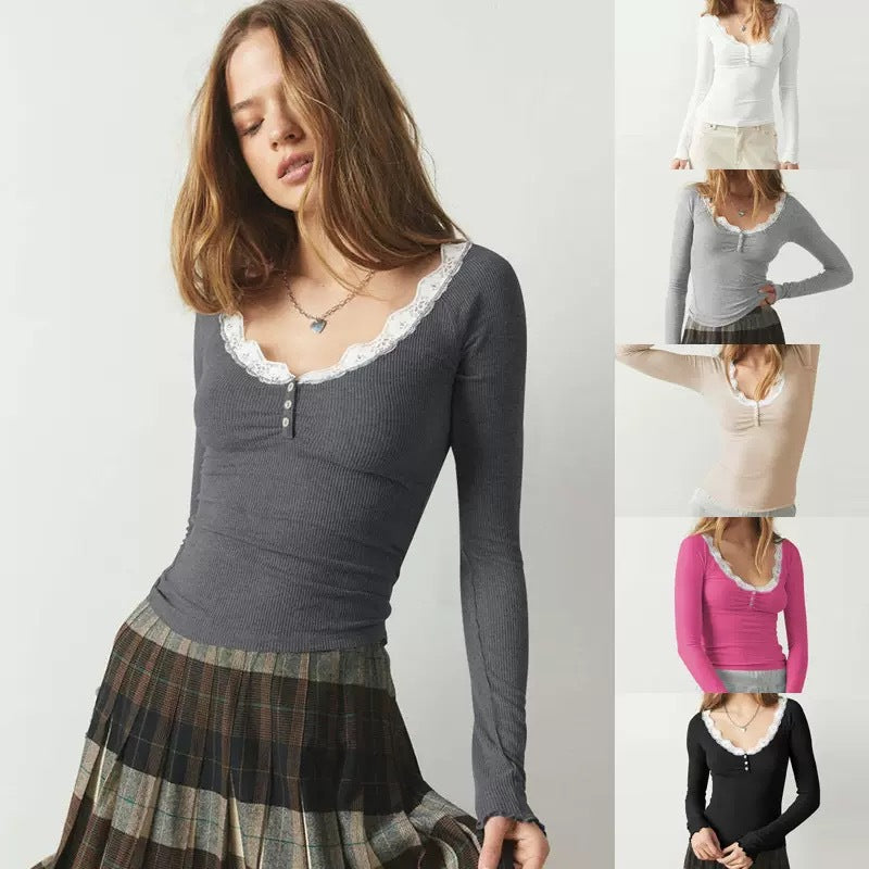 Color-Block Langarmshirt mit Spitze