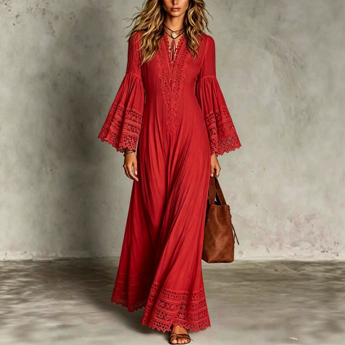 Boho-Kleid mit Spitze und Glockenärmeln – Bild 3 | LuxeStyle