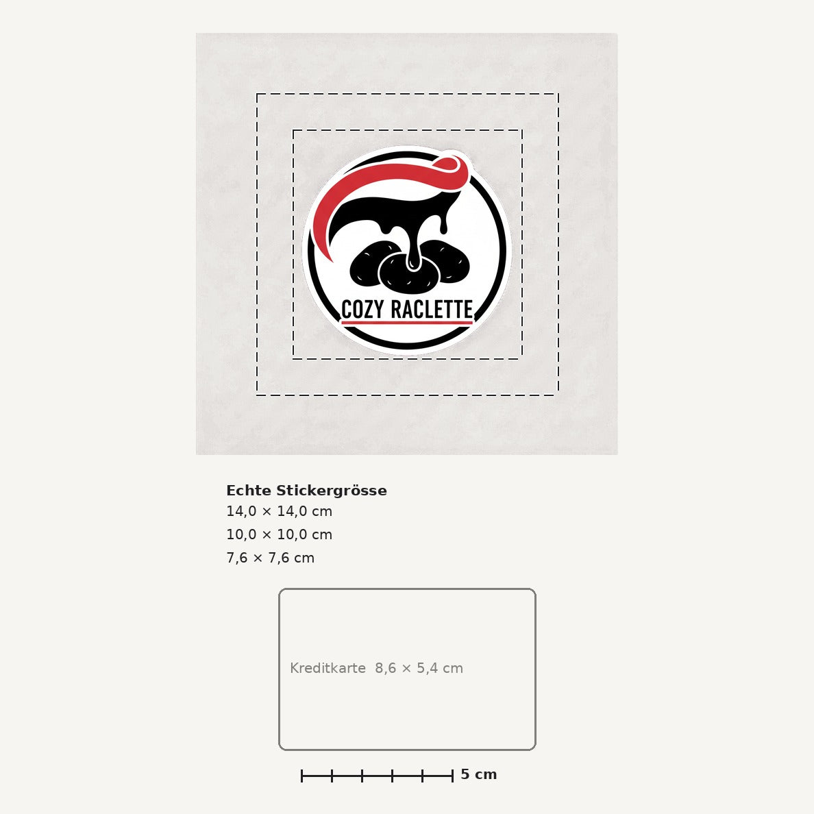 Grössenvergleich – Schweiz-Sticker «Raclette» · 1 Stück