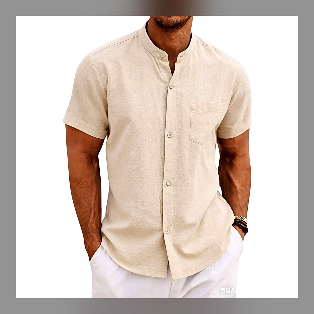 LuxeStyle-Edit · Herren-Sommerhemd «Lido» · Stehkragen, Kurzarm Leinen-Look
