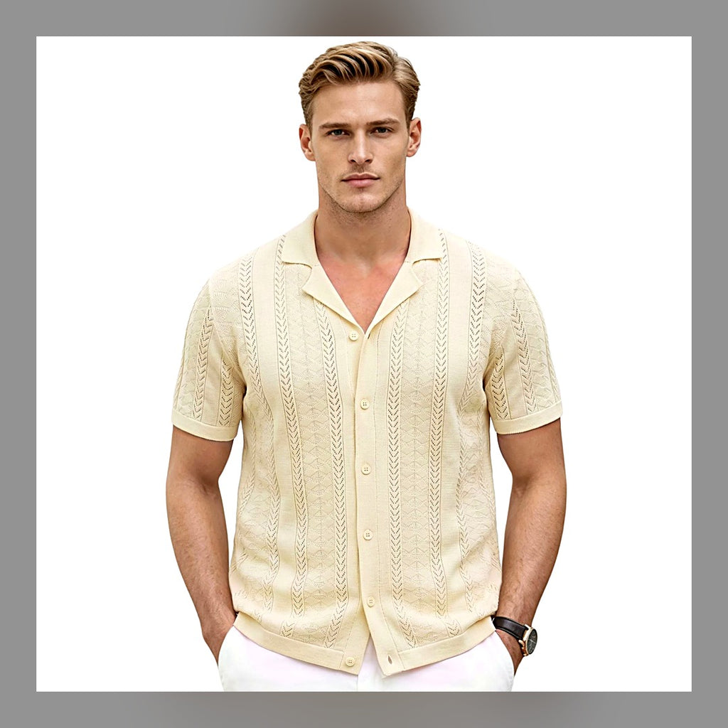 LuxeStyle-Edit · Herren-Strickhemd «Amalfi» · Ajour-Knit, Camp-Kragen