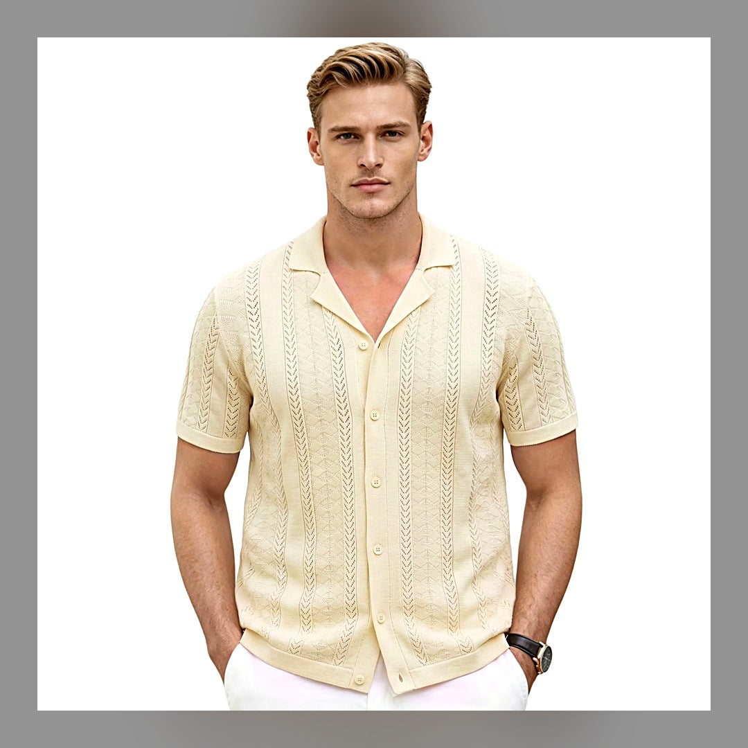 LuxeStyle-Edit · Herren-Strickhemd «Amalfi» · Ajour-Knit, Camp-Kragen