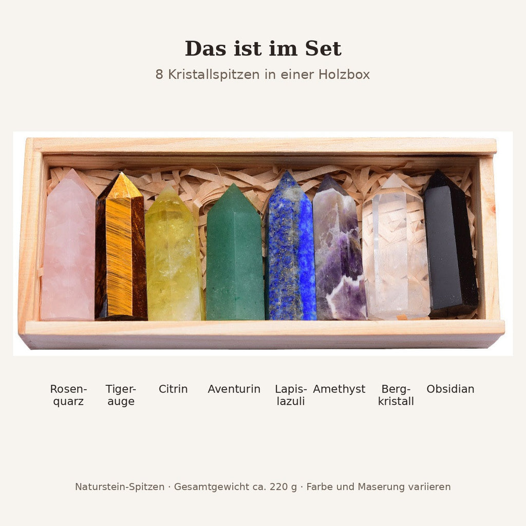 Lieferumfang: Rosenquarz, Tigerauge, Citrin, Aventurin, Lapislazuli, Amethyst, Bergkristall, Obsidian