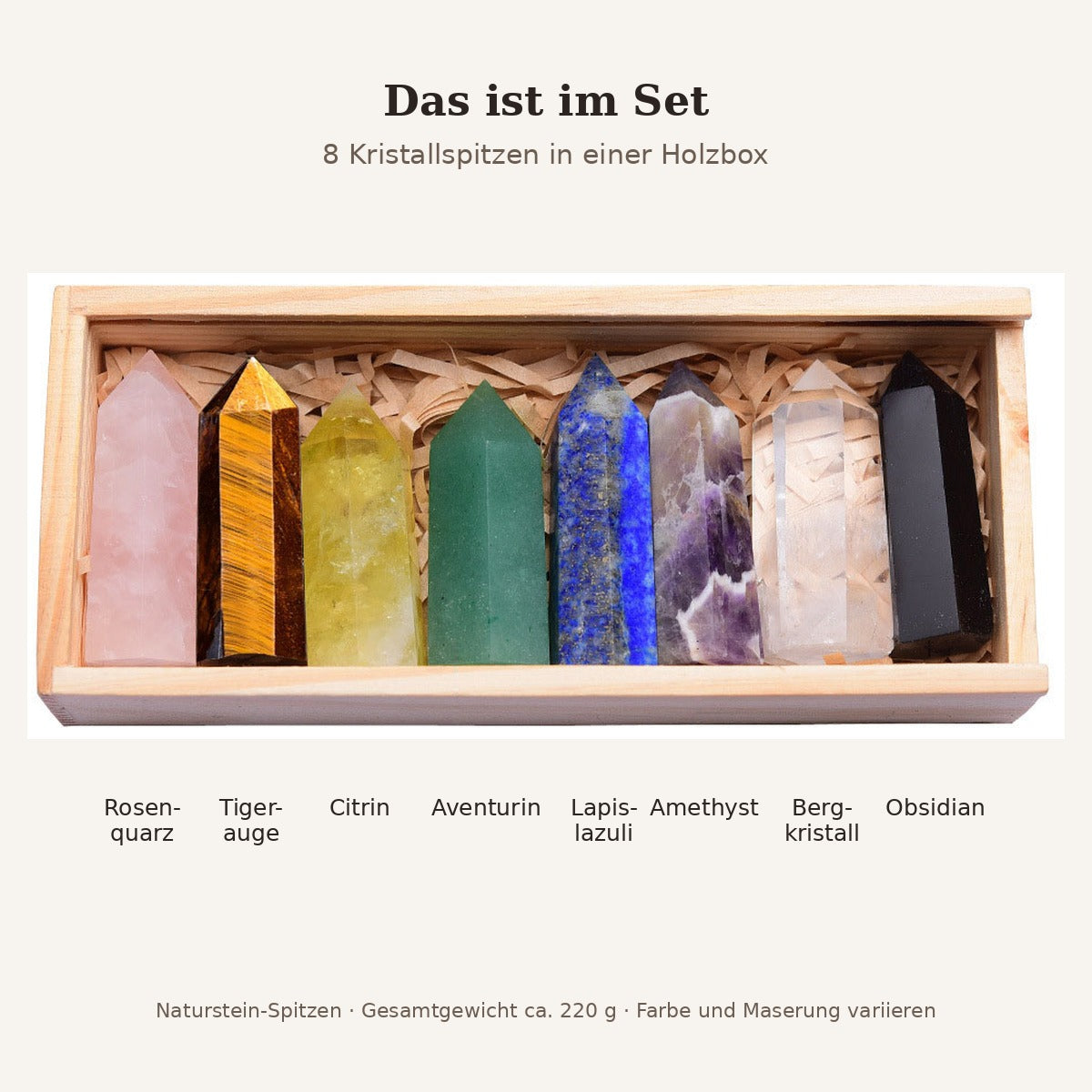 Lieferumfang: Rosenquarz, Tigerauge, Citrin, Aventurin, Lapislazuli, Amethyst, Bergkristall, Obsidian