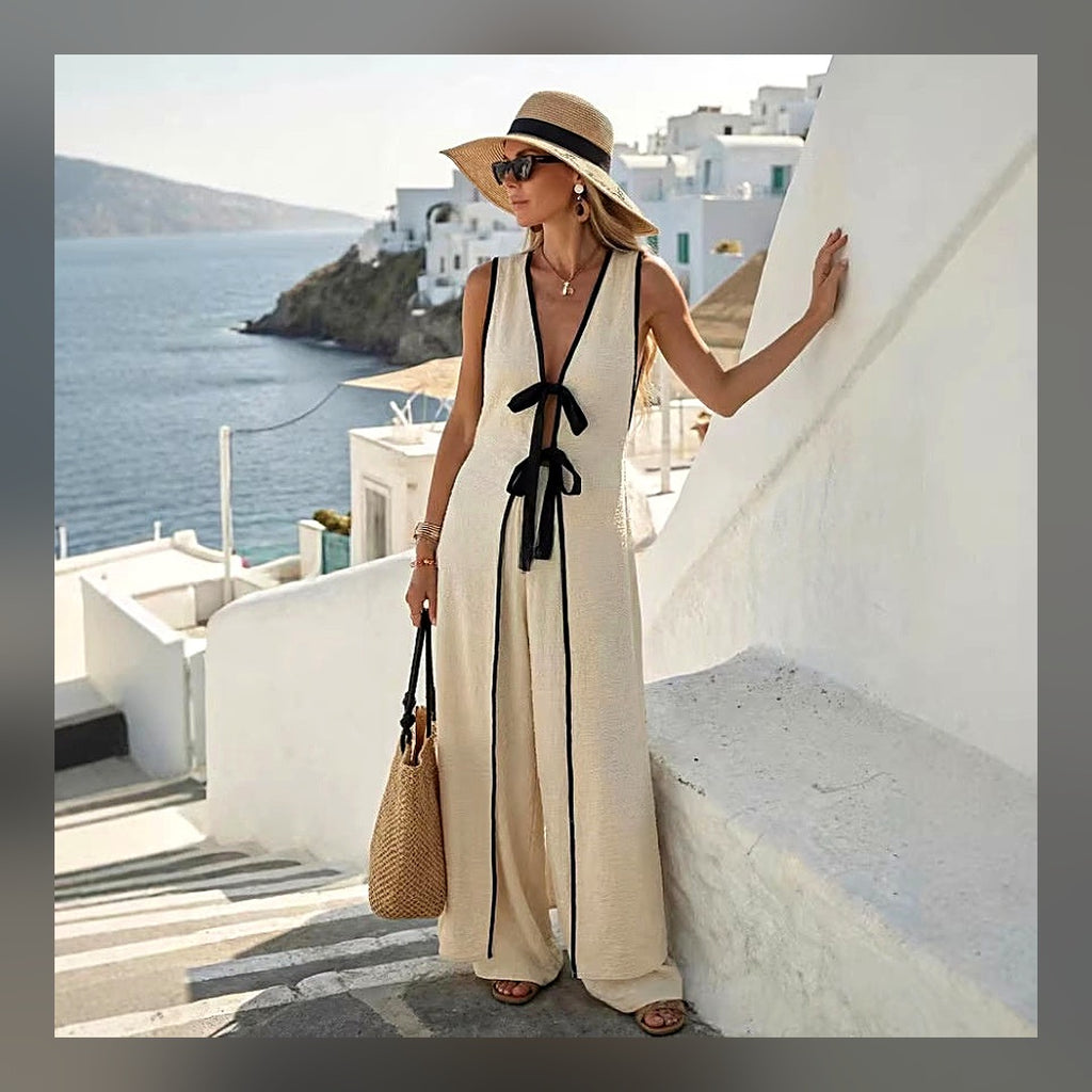 LuxeStyle-Edit · Long-Weste «Resort» · ärmellos, Color-Block mit Schleife