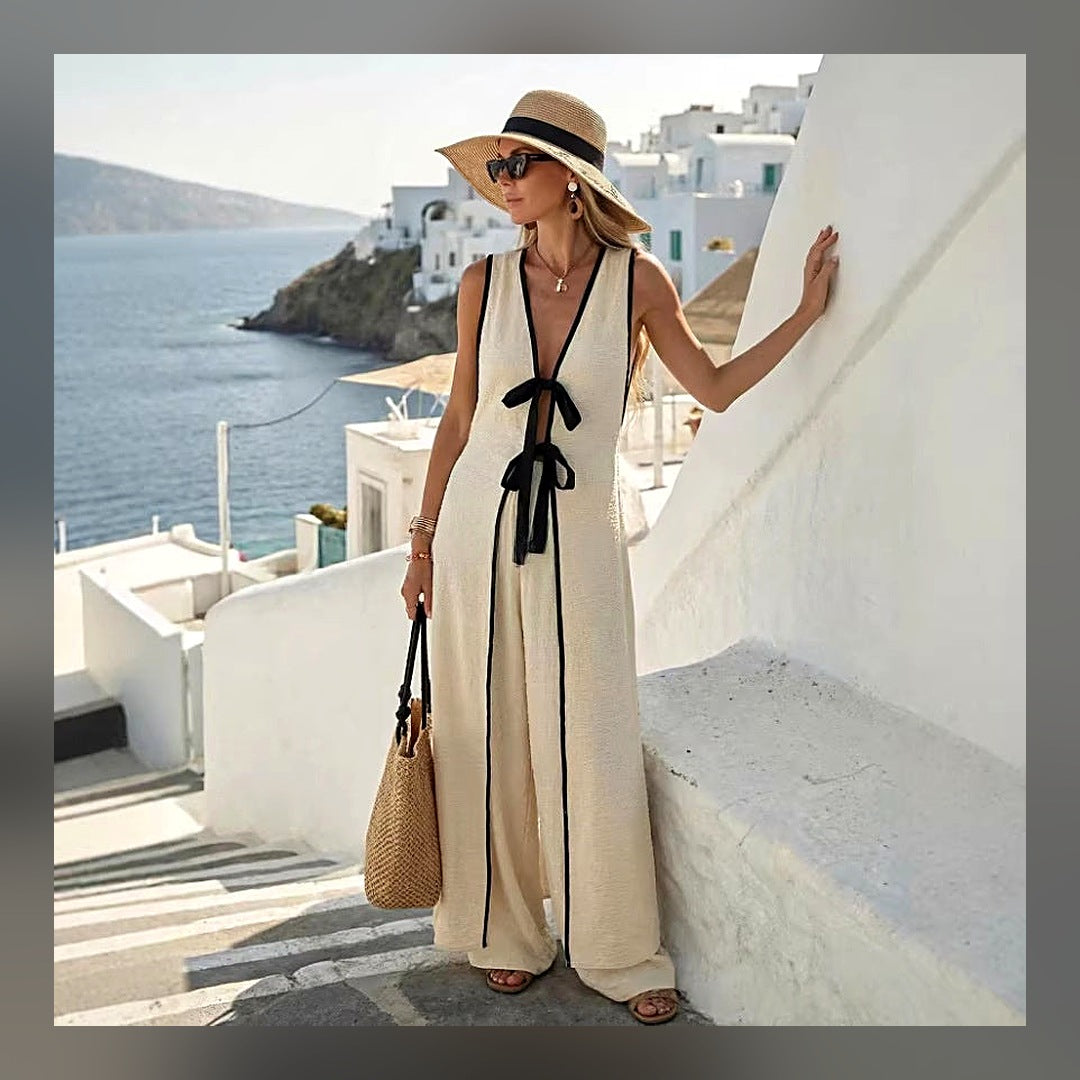 LuxeStyle-Edit · Long-Weste «Resort» · ärmellos, Color-Block mit Schleife