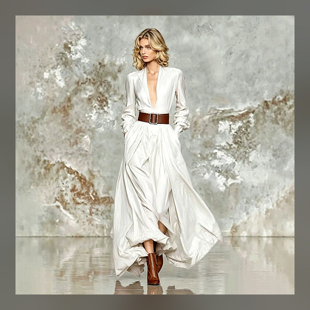 LuxeStyle-Edit · Maxi-Kleid «Aria» · Langarm, tailliert mit Gürtel