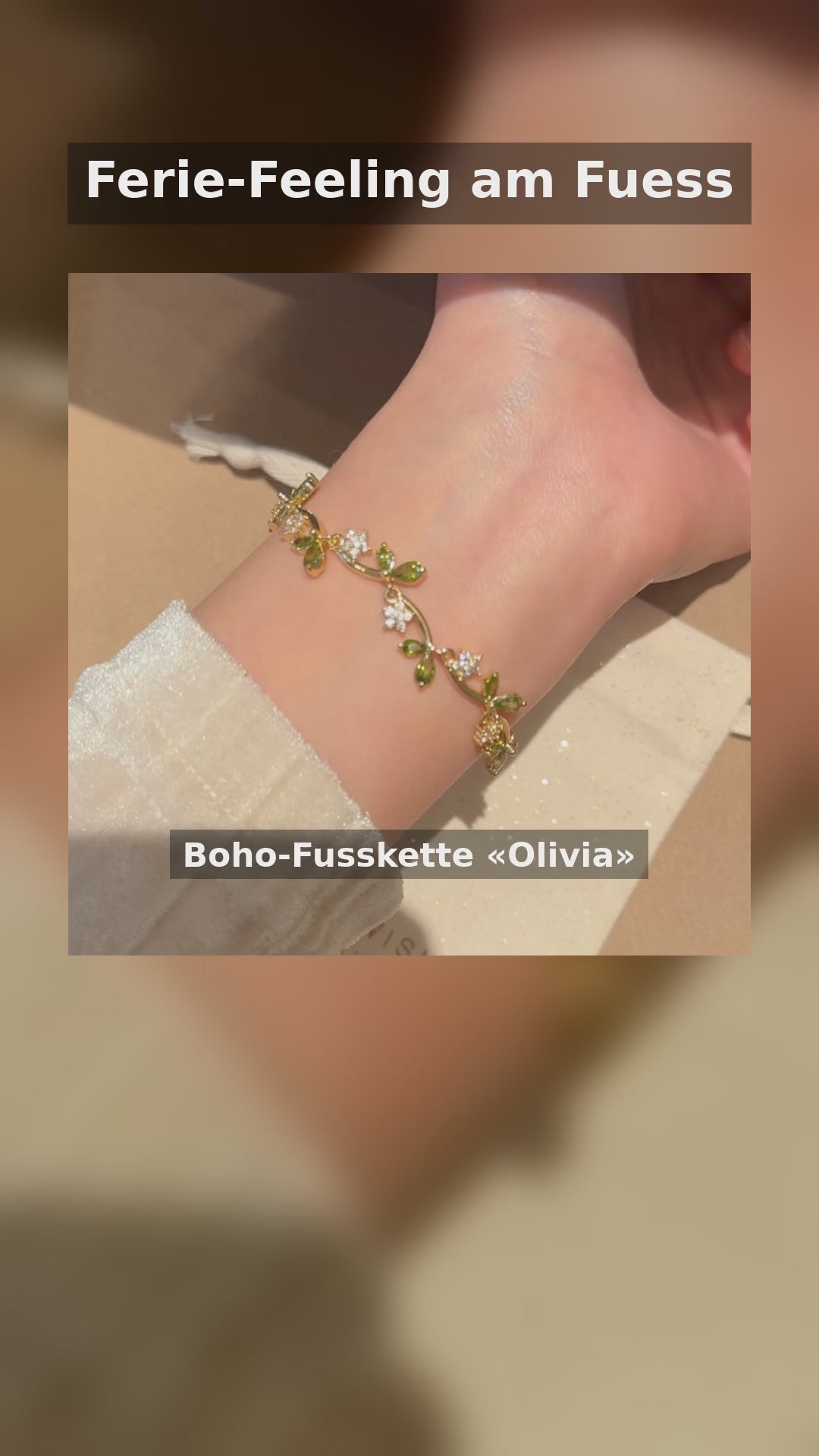 Boho-Fusskette «Olivia» · Blatt-Anhänger, Gold