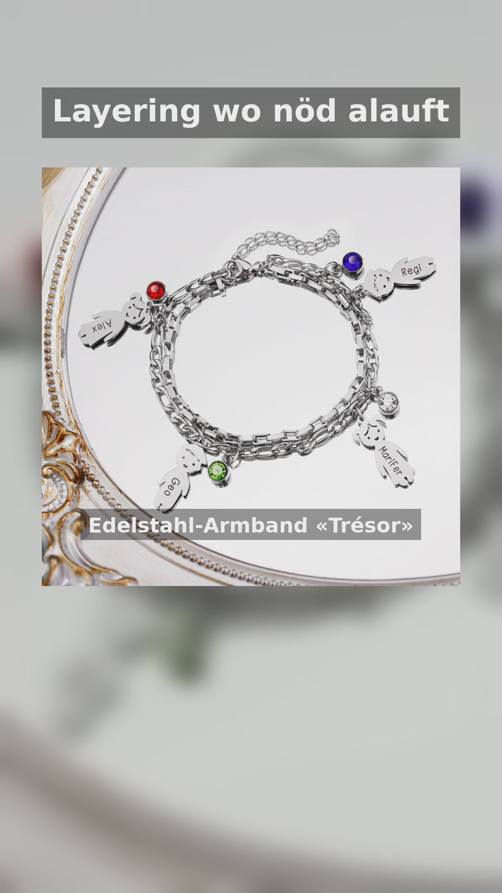 Edelstahl-Armband «Trésor» · Doppellagig mit Charms, Silber