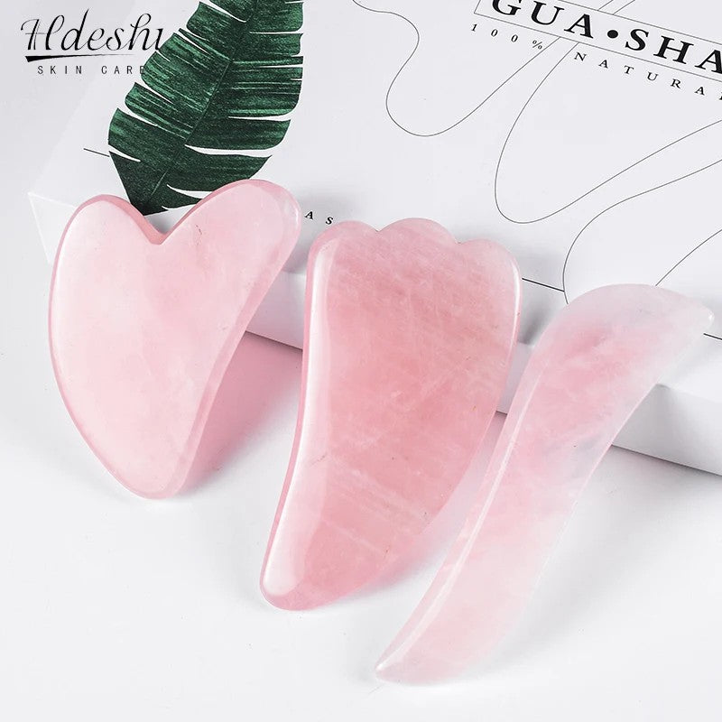 Rosenquarz Gua Sha Set - 3 Schaber fuer Gesichtsmassage