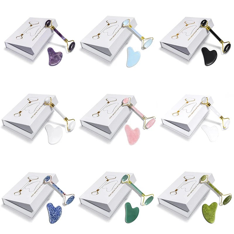 Rosenquarz Gua Sha Geschenkset mit Roller