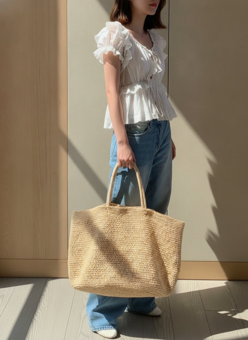 Strand-Strohtasche XL (geflochten) – LuxeStyle